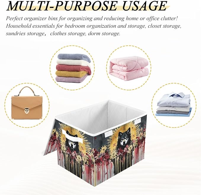 Storage Cube with Lid Tribal Style Wolf Print 16.5×12.6×11.8 IN Collapsible Large Capacity Foldable Storage Basket Bin Organizer