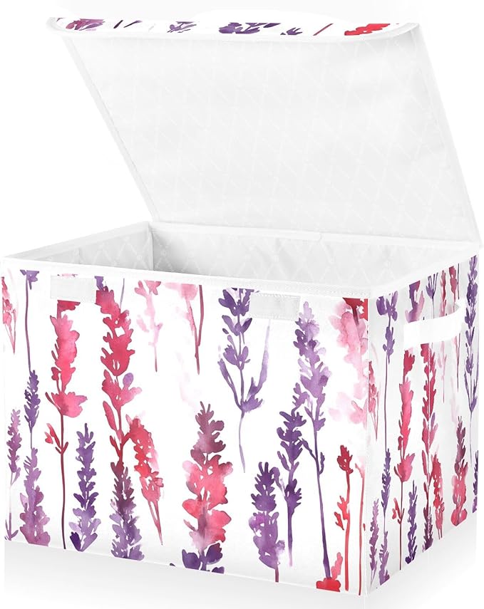 AIXIWAWA Lidded Storage Cube (Pattern Lavender) Fabric Foldable Closet Bins with Flip Lid and Handles Organizer Basket Container 16.5 x 12.6 x 11.8 IN