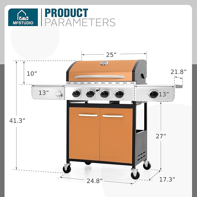 MFSTUDIO 4-Burner Propane Gas Grill Stainless Steel BBQ Grill with Side Burner and Porcelain-Enameled Cast Iron Grates High Output Gas BBQ Grills for Barbeque and Outdoor Cooking Gold