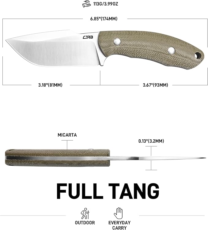 CJRB Mutt Fixed Blade Knife with Sheath 3.18 AR-RPM9 Steel Blade with Micarta Handle Camping Hiking Survival Knife for Men Women J1958 Green