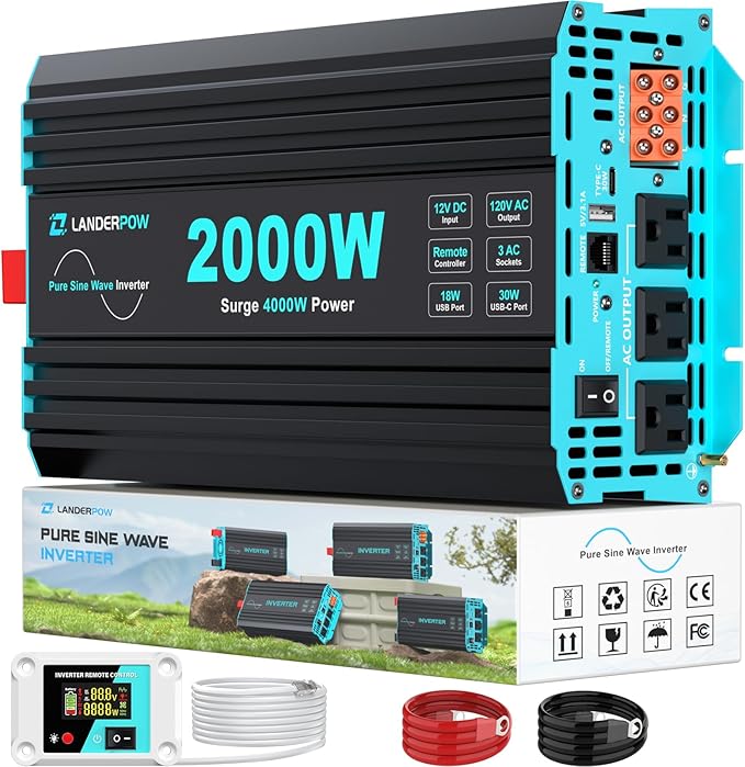 Pure Sine Wave Inverter 2000 Watt 12V DC to 120V AC Inverters for RV Truck Solar Home Power Inverter with 3 AC Outlet 30W USB-C 5V 3.1A USB Hardwire Port Remote Control Surge 4000W