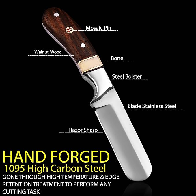 Handmade 1095 High Carbon Steel Bull Cutter Knife with Pancake Leather Sheath Fixed Blade Cowboy Knife with walnut wood/Bone Handle Utility Knife EDC Hunting knife (Walnut Wood)