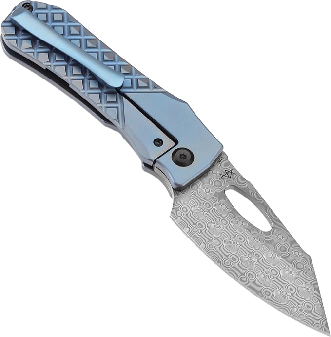 KANSEPT Loki Pocket Knife 2.99'' Damascus Blade Blue Anodized Titanium with Frag Pattern Handle Everyday Carry K1058B7