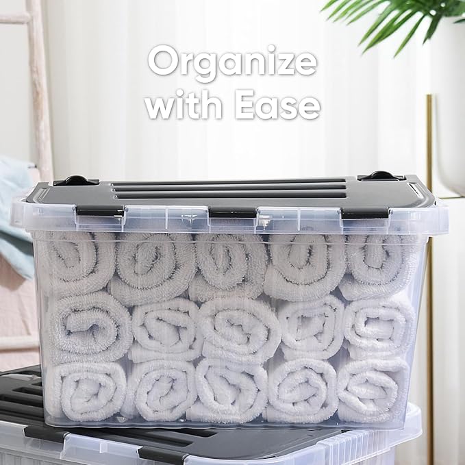 Superio Storage Bins with Lids Clear Plastic Containers for Organizing Stackable Totes BPA Free Odor Free Organizer Boxes for Home and Dorm 35 Quart (4 Pack 20.25x14x10.5)