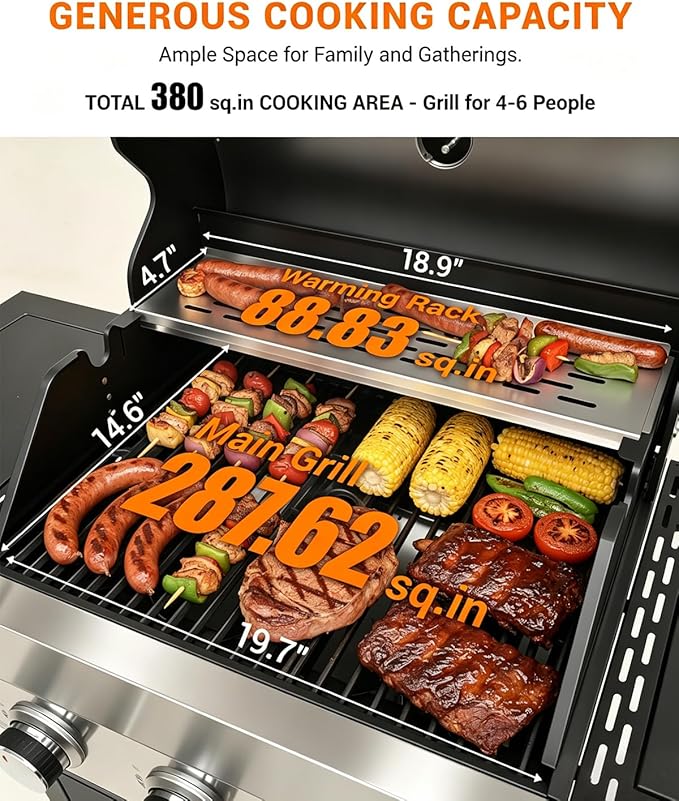 EUHOME 40500 BTU 3-Burner Propane Gas Grill with Side Burner Stainless Steel Outdoor BBQ Grill with 380 sq.in Cooking Space 4 Swivel Casters &amp Cast Iron Grates for Patio Backyard Garden