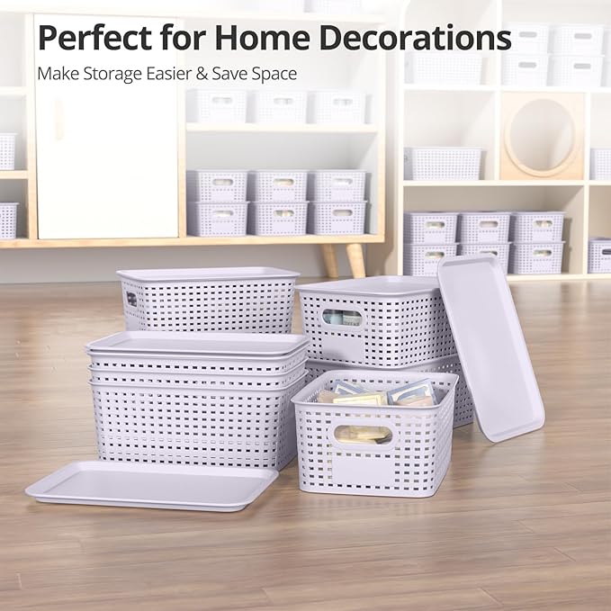 Plastic Storage Basket with Lid Stackable Small Box Bins for Organizing and Containers for Shelves Drawers Desktop Closet Playroom Pantry Classroom Office Home 8 Pack 10.2x7.2x4.1 Lavender