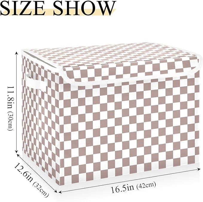 Light Brown White Checkerboard Storage Baskets Lidded Bin Foldable Storage Boxes Cubes Lids with 2 Handles for Organizing Closet Home Office