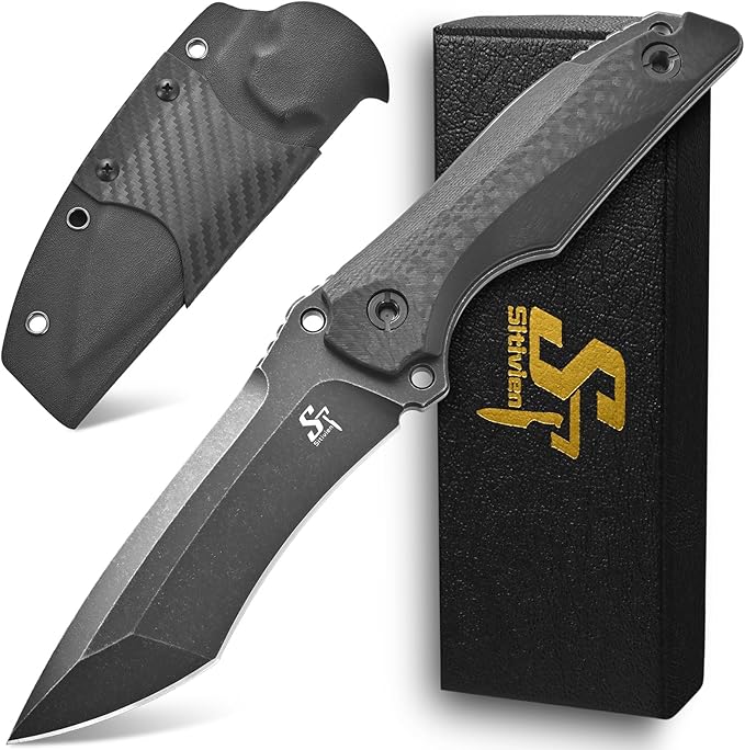 Sitivien ST32 Fixed Blade Knife AUS-10 Black Stonewashed Steel Carbon Fiber Handle Full Tang Knife for Outdoor Working Camping Hunting Fishing(Black)