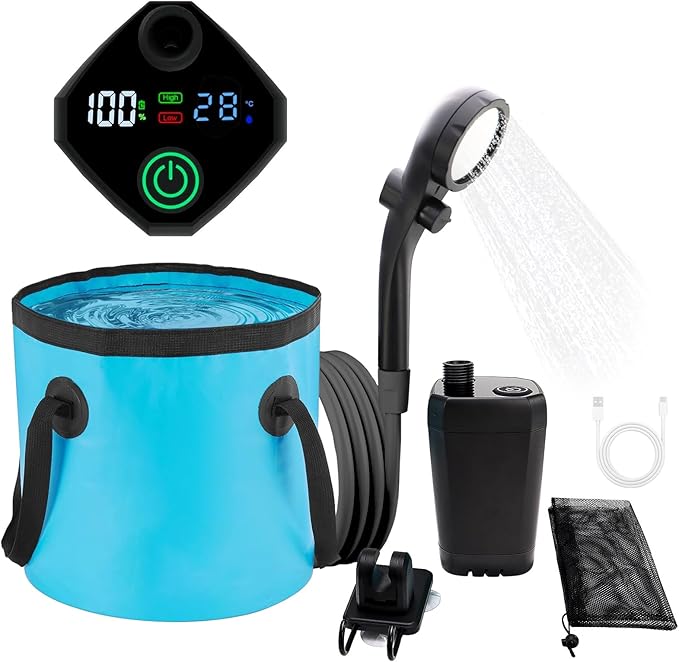 Portable Shower for Camping Shower 7800mAh Rechargeable Shower Pump Filtered Shower Head &amp 20L Foldable Bucket Outdoor Shower for Camping Hiking Washing Pet Bath
