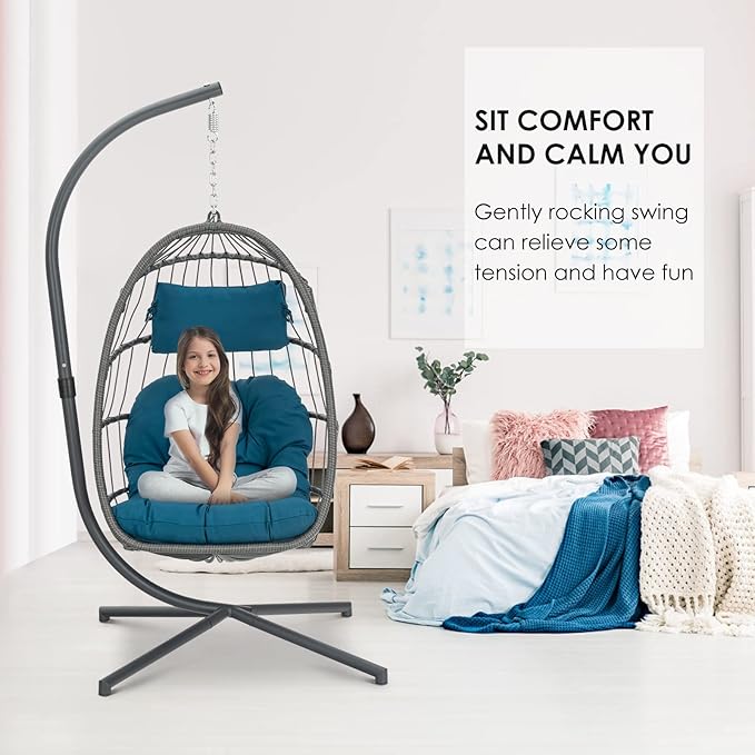 Brafab Wicker Rattan Hanging Swing Egg Chair Aluminum Frame and UV Resistant Cushion Indoor Outdoor Patio Porch Lounge Hand Made Chair 350LBS Capacity