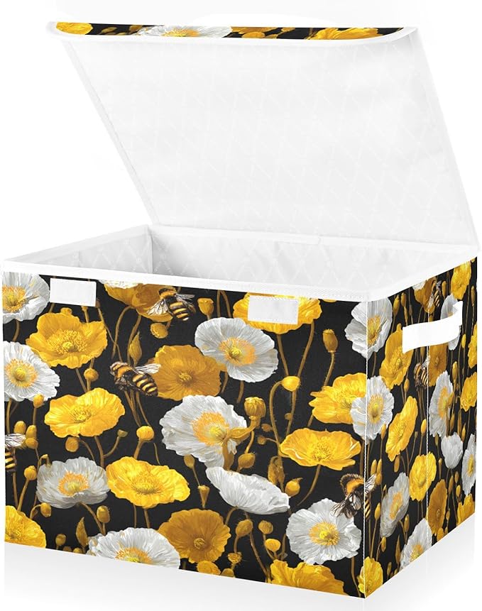 Storage Bins With Lid Stackable Fabric Closet Organizer Clothing Storage Large Boxes For Closet Shelves Bedroom Black Bees and Poppies