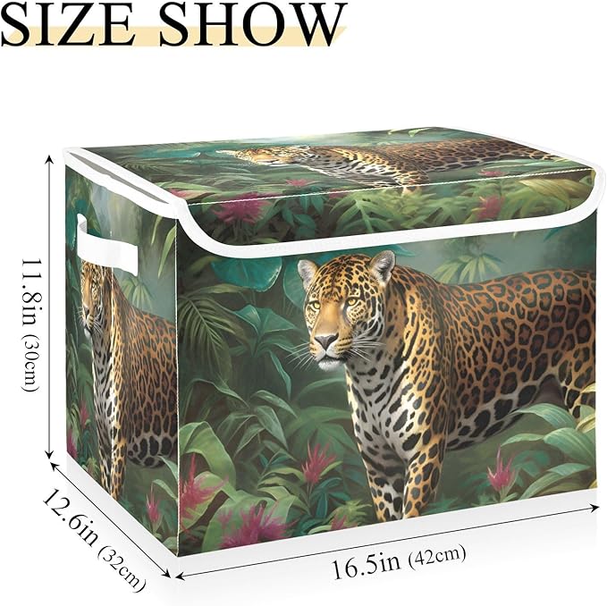 Leopard in Jungle Storage Cube with Lid Collapsible Flip-top locker Fabric Storage Bins Basket with Handle for Home Bedroom Closet Office 16.5×12.6×11.8 in