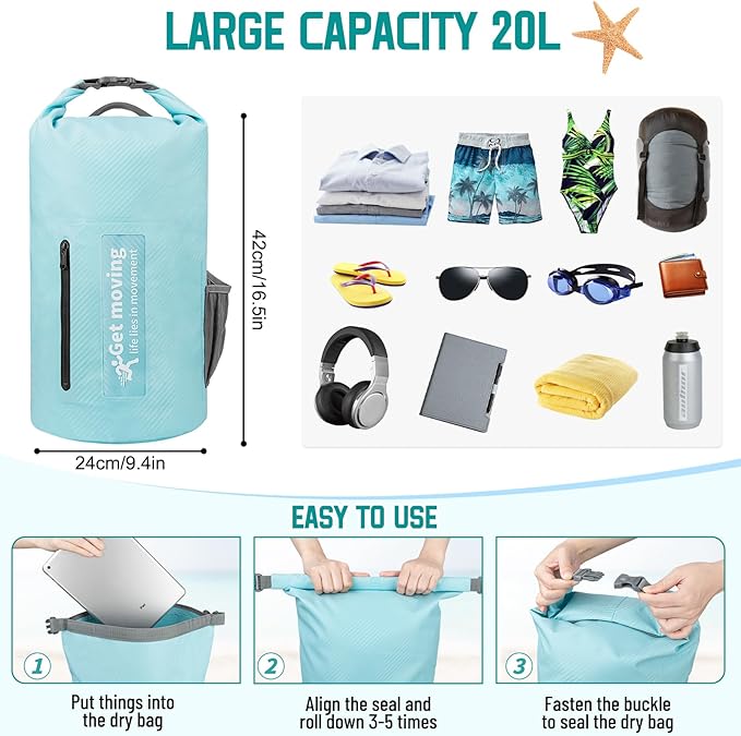 BKNOOU Dry Bag Waterproof Backpack for Women Men 10L/20L Roll Top Dry Bags for Kayaking Waterproof Bag for Travel Boating Beach Camping Hiking &amp Rafting Dry Storage Bag with Phone Pouch