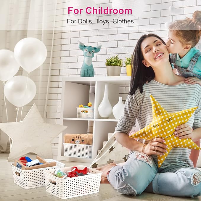 AREYZIN Plastic Storage Baskets With Lid Organizing Container Lidded Knit Storage Organizer Bins for Shelves Drawers Desktop Closet Playroom Classroom Office White 6 Pack