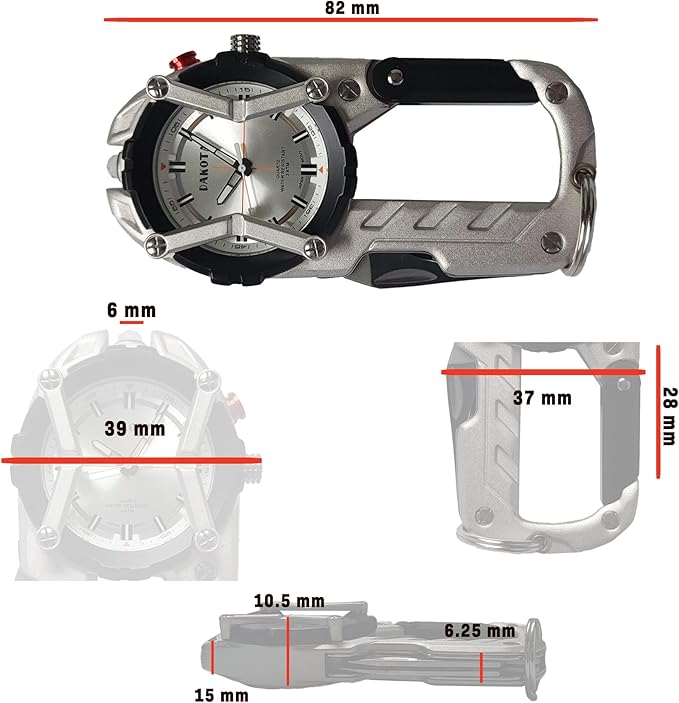 Multitool Clip Watch for Men – Silver | 100ft Water Resistant Clip-On Watch with LED Light Bottle Opener Screwdriver &amp Carabiner – Stainless Steel Outdoor Work &amp Camping Tool