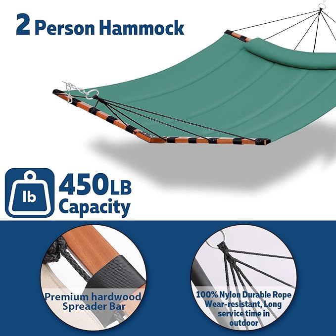 TegerDeger 12FT 2 Person Hammock Large Hammock 450LB Capacity with V Shaped Hardwood Spreader Bar &amp Nylon Rope for Outside Patio Garden Backyard Beach Poolside - Lake Blue