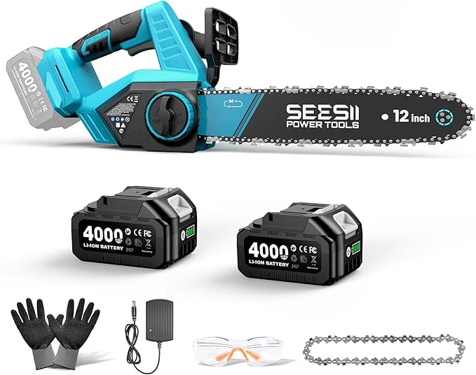 SEESII Electric Chainsaw Cordless 12-inch Handheld Chain Saws with a 4.0Ah Battery Tree Saw with Tool-free Chain Tension Auto Oiling for Wood Cutting Trimming Branch