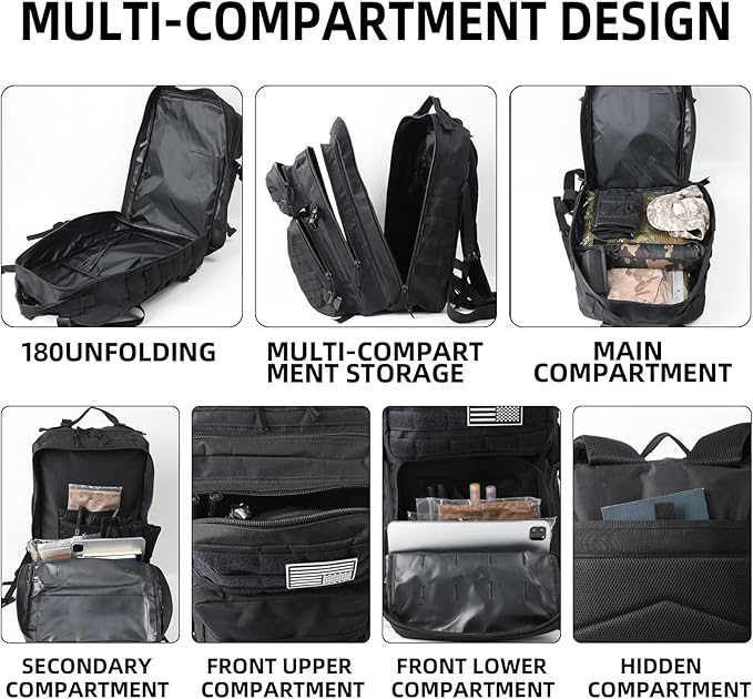 J.SH 45L Large Military Tactical Backpack for Men Army Assault Pack Bag with MOLLE System 3-Day Bug Out Bag for Outdoor Hiking Gym Tactical Missions Rugged Survival &amp Outdoor Rescue - Black