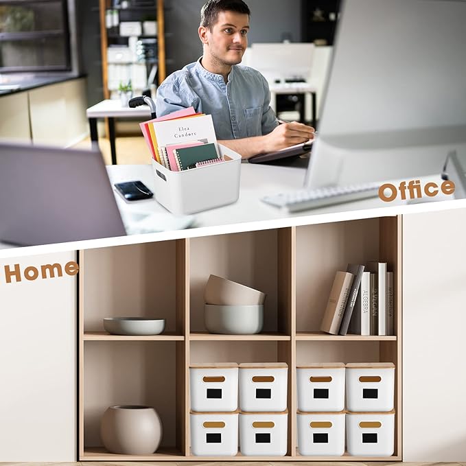 Geosar 6 Pcs Storage Bins with Bamboo Lids Plastic Storage Containers Stackable Box with and Handle with 6 Labels and Marker for Organizing Toys and More 10.1x7x6.69 In(WhiteClassic)