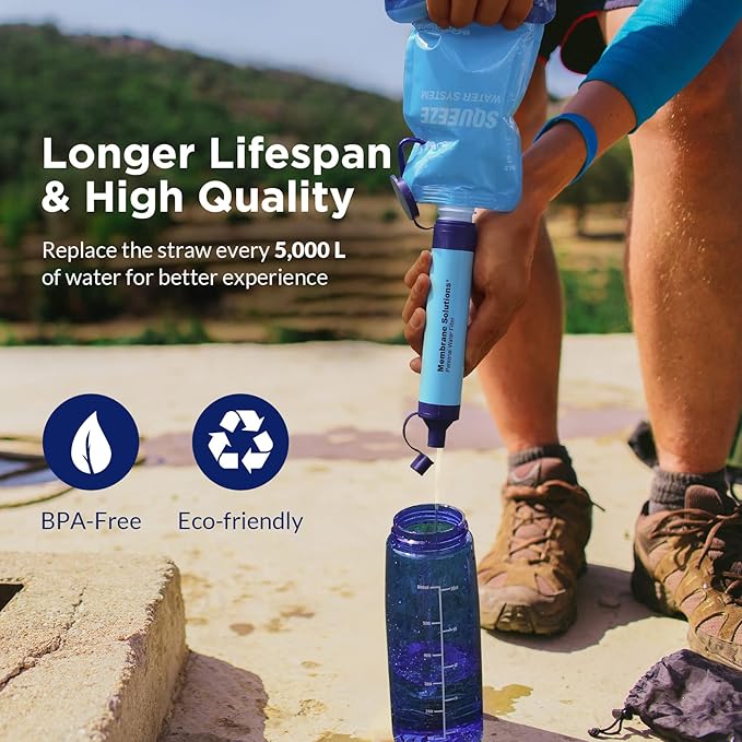 Membrane Solutions Squeezable Water Filtration System Survival Water Purifier Kit Portable Backpacking Gear Including Water Filter Straw and 23oz Collapsible Bottle for Hiking Camping Travel(5+6)
