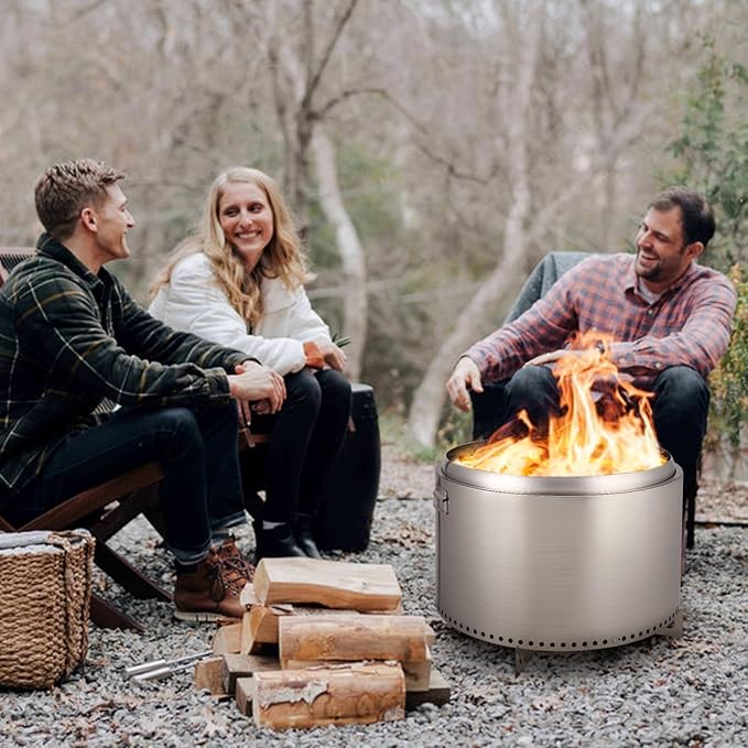 27 in Smokeless Fire Pit with Air Switch Wood Burning Portable Stainless Steel Outdoor Firepit with Removable Stand &amp Stove Hook Ash Pan for Camping Backyard Patio Picnic H: 20 in 35 LBS
