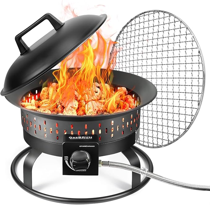 GasBRUH 19″ Outdoor Portable Propane Fire Pit with Grill Grate Cover&ampCarry KitFireplace60000 BTU Camping Propane FirepitPortable Gas Fire Pit for Outside PatioCampingRVSmokeless Gas Firebo