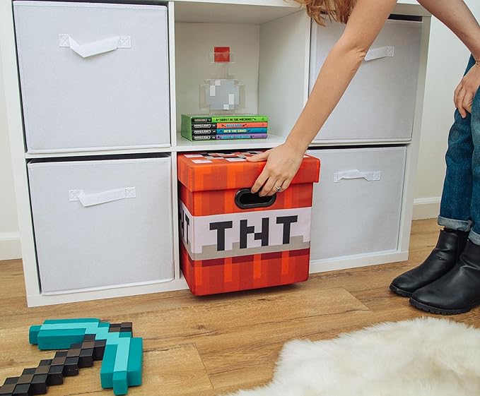 MINECRAFT TNT Block 13-Inch Storage Bin Chest With Lid | Foldable Fabric Basket Container Cube Organizer With Handles Cubby For Shelves Closet | Home Decor Essentials Video Game Gifts