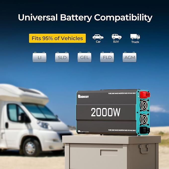RENOGY REGO 2000W Pure Sine Wave Power Inverter 12V DC to 120V AC 4000W Peak Power 16.4FT Remote Controller Solar/Car/RV Inverter for Emergency Backup Off-Grid Living Camping Truck Outdoor