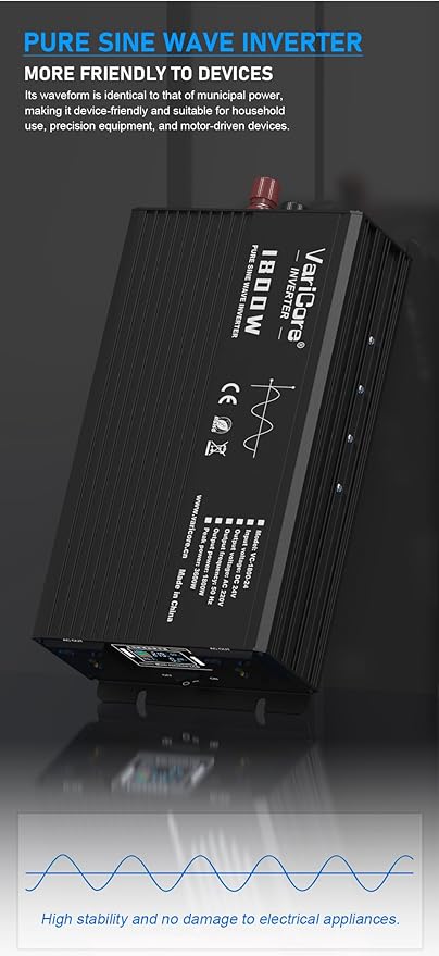1800W Pure Sine Wave Inverter 24VDC to AC 220V Converter for Home RV Truck Camping Off-Grid Solar Power Inverter with LCD Display Showing Real-time Status Surge (24V-1800W)