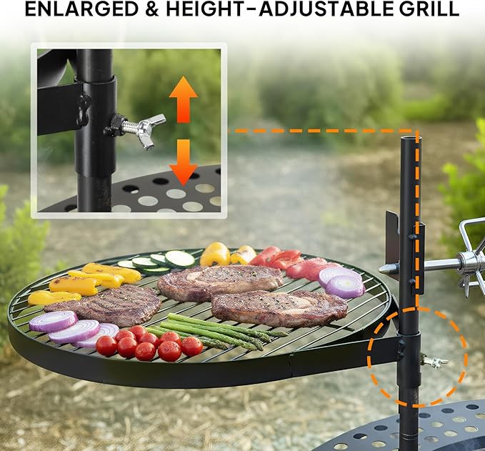 ROVSUN Upgrated 33'' Outdoor Fire Pit with 2 Grills Grill with Side Shelves Wood Burning Round Firepit with Swivel Cooking Grate Removable Swivel Grill for Backyard Patio Picnic BBQ and Parties