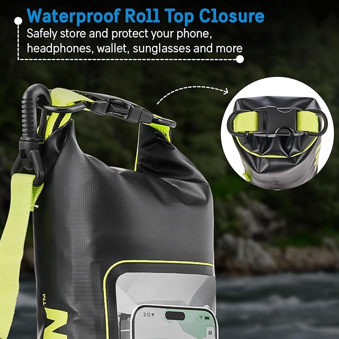 Pelican Marine IP68 Waterproof Dry Bag 2L - Roll Top Waterproof Backpack w/Phone Case/Pouch - Boating &amp Kayak Accessories - Essentials for Camping Swimming Beach Fishing Rafting Travel - Black/Yel