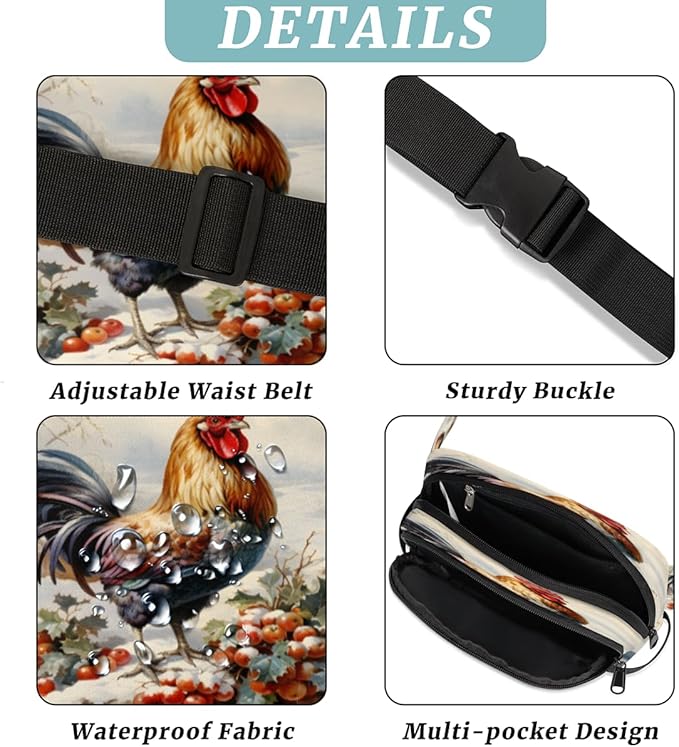 Rooster Berry Snow Waterproof Fanny Pack for Women Men Adjustable Waist Bag with Double Zipper Pockets Lightweight Square Hip Pack for Running Travel Hiking Workout Cycling