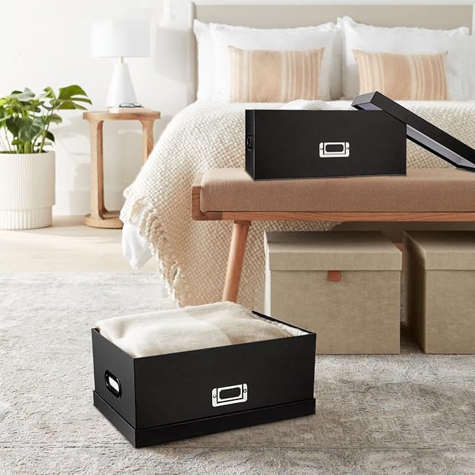 Briful Decorative Storage Boxes with Lids Set of 2 – 14'' + 13'' Set Rectangular Nesting Boxes – Cardboard Organizer with Lift-Top Lid – Black Wood for Home &amp Office