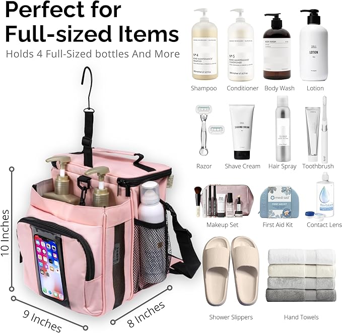 TERRA HOME XL Portable Shower Caddy Bag for Girls with Extra Storage Durable Mesh Bottom Shoulder Strap Keychain Holder Shower Caddy Case for College Dorms - Travel Vacation Essentials (Blush Pink)