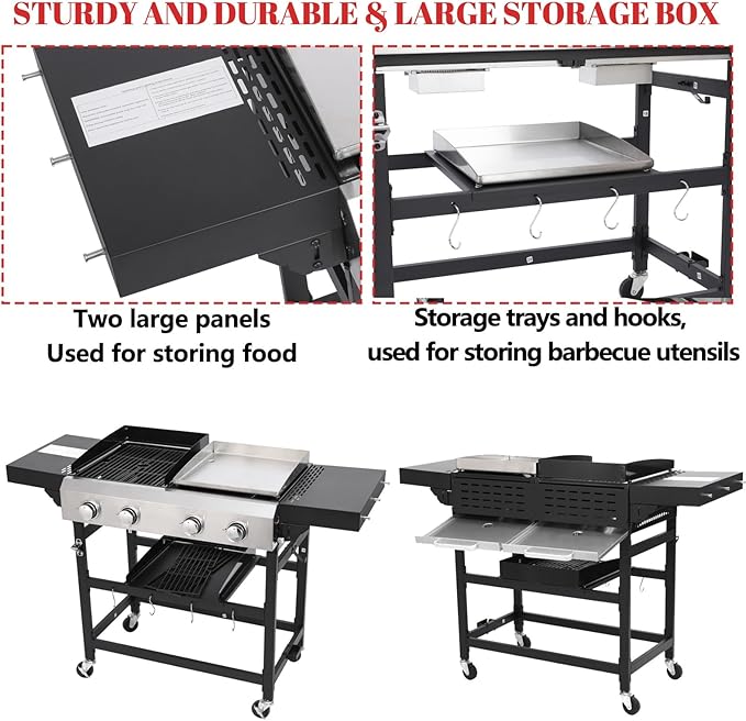 4-Burner Propane Gas Grill and Griddle Combo Stainless Steel Propane Grill 36900 BTU Outdoor Cabinet Style with Wheels Wire Rack and Two Foldable Side Table (2 Grill Pans + 2 Grills)