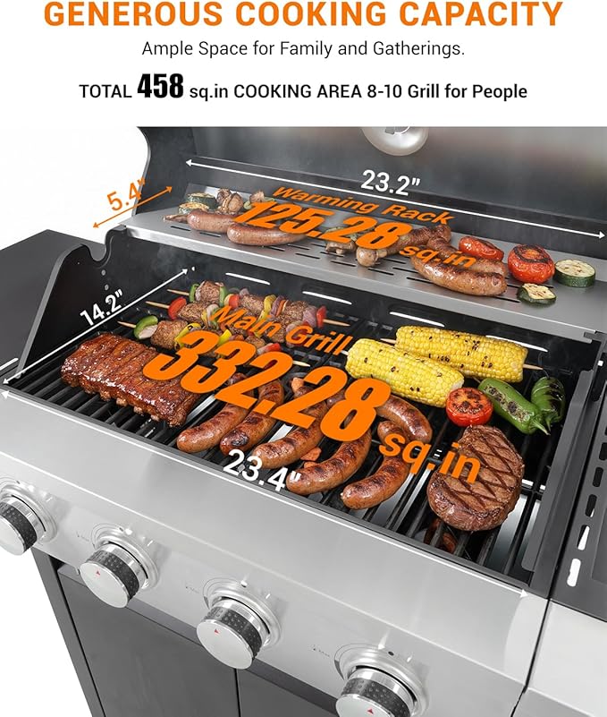 EUHOME 4-Burner Propane Gas BBQ Grill with Side Burner 46500 BTU Output Stainless Steel Barbecue Grill with Enameled Cast Iron Grates and Side Tables for Outdoor Cooking Kitchen and Patio Backyard
