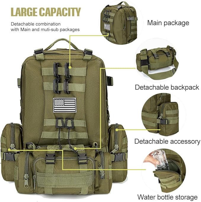 Large Military Tactical Backpack for Men 40-50L Backpacks for Women Bug out Bag Army 3 Days Pack Bags Rucksack with Molle System Green