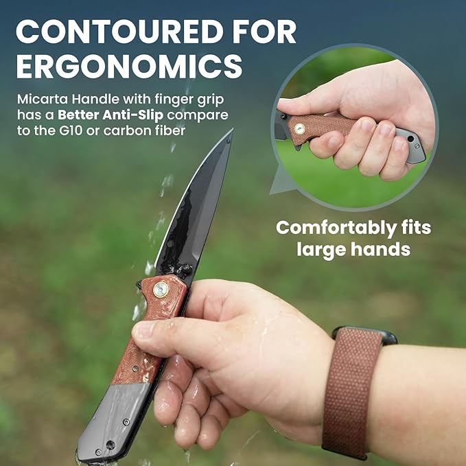 Pocket Knife For Men Folding Pocket Knife With 3.77 Sandvik 14C28N Blade &amp Micarta Handle Flipper Knife With 2-way Assisted Opening EDC Knife With Deep Pocket Clip For Hunting Camping