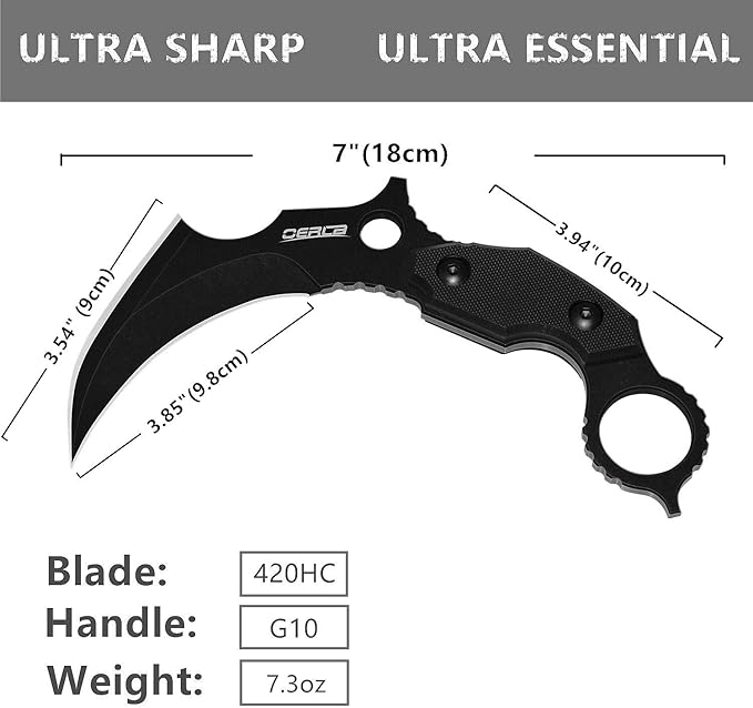 OERLA OL-0019BE Double Edge Karambit tactical Knife Full Tang 420HC Stonewashed Stainless Steel Fixed Blade Field Knife with EDC Adjustable Waist Clip and Kydex Sheath