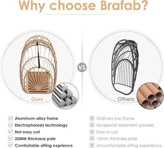 Brafab Hanging Egg Chair with Stand and Footrest Wicker Egg Swing Chair Indoor Outdoor Aluminum-Steel Frame and UV Resistant Cushion Patio Lounge Hammock Chairs for Bedroom 370LBS Capacity Begie