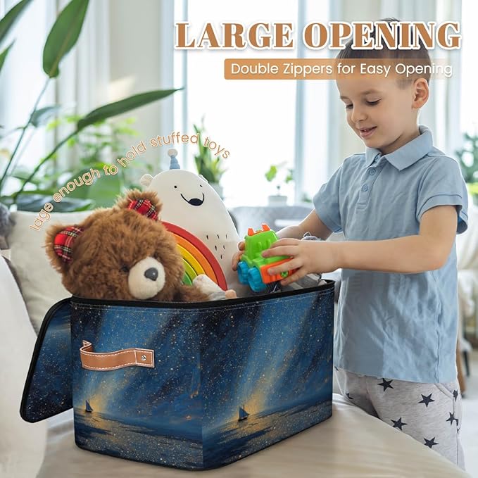 Ocean Beach Storage Bins with Zipper Lid Fabric Home Cubes Storage Baskets Boxes Clothes Organizer Container Galaxy Star