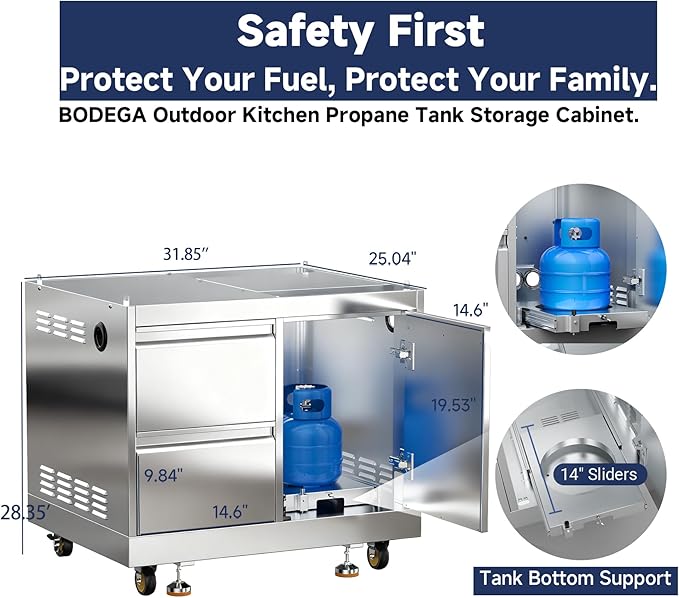 BODEGA Stainless Steel Outdoor Kitchen Drawer Cabinet for Built-in BBQ Grill with 2 Drawers and Propane Tank StorageOutdoor kitchen storage perfect for Outdoor Kitchen BBQ Island.For all weather use.