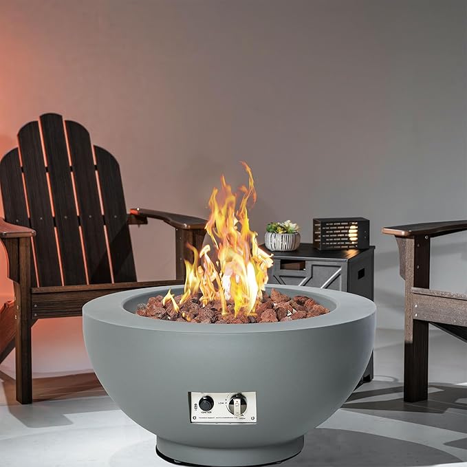 28-Inch Fire Table 58000 BTU Outdoor Propane Fire Pit Patio Round Fire Bowl Gas Firepit with Lid Lava Rocks Cover Pre-Attached 10 ft Propane Hose Gray