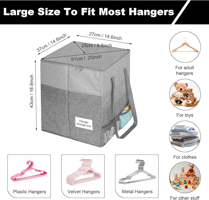 2 Pack Clothes Hanger Organizer Bag with Lid Rigid Hanger Storage ContainersHanger Caddy Organizer Box with Handle and Label Window Keep Closet Laundry Rooms Tidy (17 inch HeightGrey)
