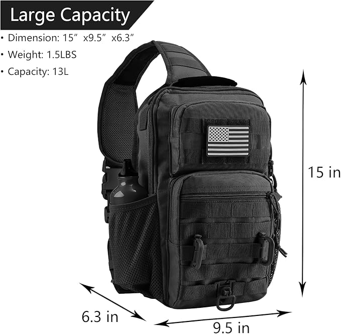 Rover Sling Pack Tactical Shoulder Sling Bag Backpack with Bottle Holder Crossbody Chest Bag Black with Grey Patch