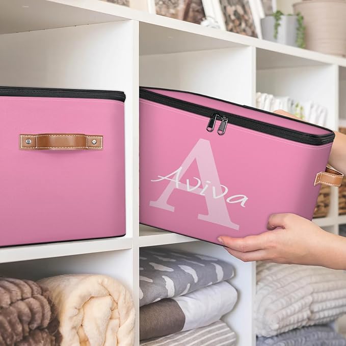 Customized Storage Basket with Initial Name Personalized Keepsake Box with Zipper Lid Foldable Fabric Memory Bin Large capacity with Handle Pink