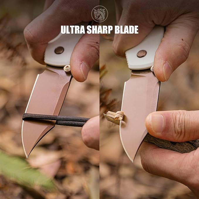 Vosteed Raccoon2.0 Bowie EDC Pocket Knife - 3.25 14C28N Copper Dune Bowie Blade - Top Liner Lock White G10 Handle - Camping Hiking Knives - A2925