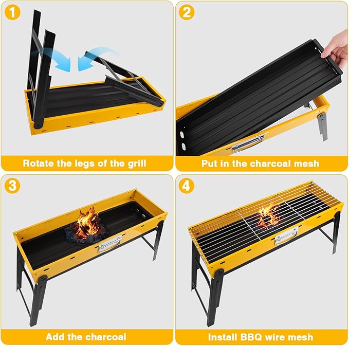 Portable Charcoal Grill Portable Tabletop BBQ for Outdoor Cooking | Compact Folding Grill for Camping Hiking Picnics &amp Travel | 24”x13”x9” Lightweight Smoky Flavor Grill