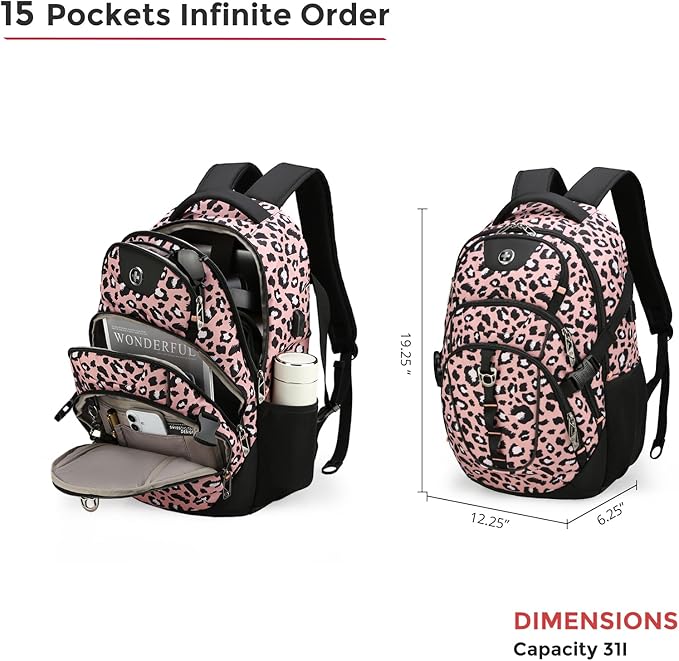Swissdigital Laptop Backpack with USB Charging Port Travel Backpack Fits 15.6 inches Computer 31L Backpack for Women Pink Leopard | SD803-102