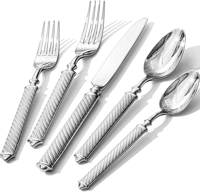 KINGSTONE Retro Rope-Pattern Silverware Set 60-Piece Flatware Set Cutlery Set Forged with Handcrafted Texture Handles 18/10 Stainless Steel Dishwasher Safe